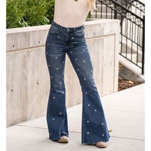 NWT Judy Blue Star Embroidered High Rise Trouser Flare Jeans Sz 1 Waist 25